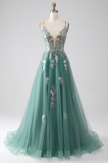 Green A-Line Spaghetti Straps Long Ball Dress With Sparkly Sequin Appliques
